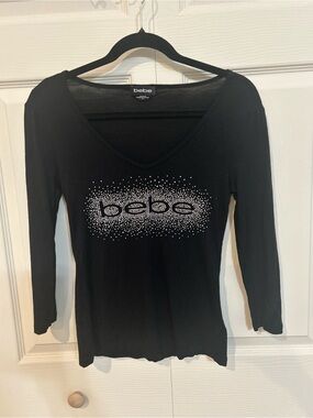 bebe Black V-Neck Long-Sleeve Top with Rhinestone Logo